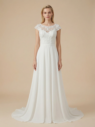 A-Line Cap Sleeves Bateau Lace Chiffon Maxi Long Wedding Dresses With Train