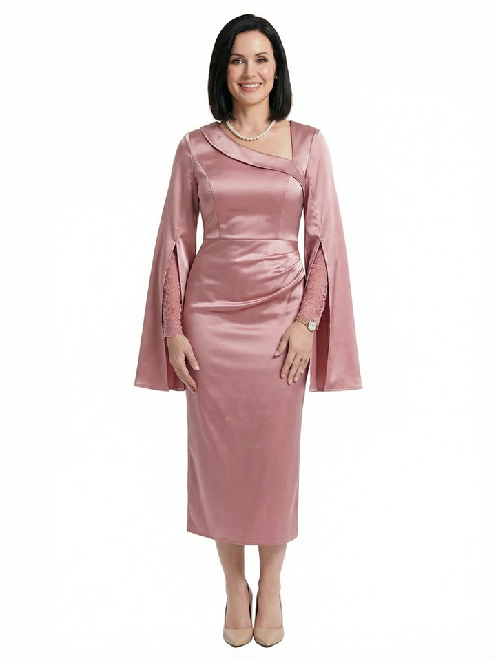 Chicsew Vintage Asymmetric Long Sleeves With Lace Satin Mermaid Mother of The Bride Dress