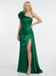 Sweet Satin One Shoulder Ruched Mermaid Side Slit Long Party Prom Dresses