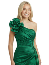 Elegant One Shoulder 3D Floral Handmade Flower Ruched Satin Prom Dress