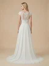 A-Line Cap Sleeves Bateau Lace Chiffon Maxi Long Wedding Dresses For Beach Wedding