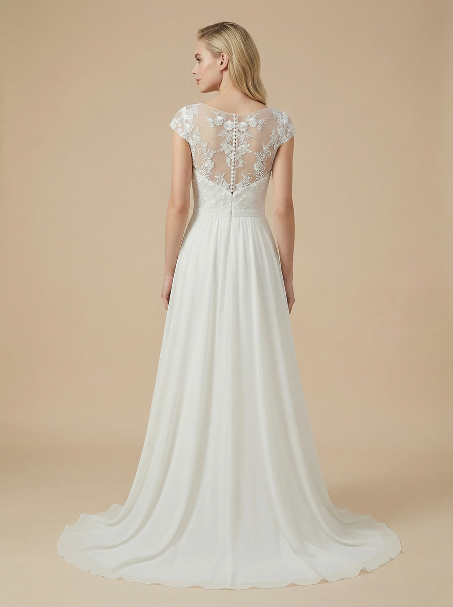 A-Line Cap Sleeves Bateau Lace Chiffon Maxi Long Wedding Dresses For Beach Wedding