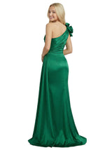 Elegant One Shoulder 3D Floral Handmade Flower Ruched Satin Prom Dress
