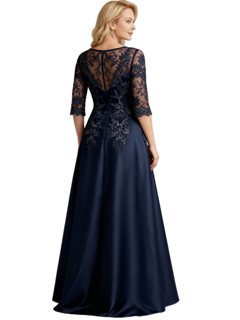 Elegant Half Sleeves Lace Satin A-Line Long Mother of The Bride and Groom Dresses For Wedding