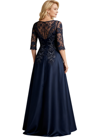 Elegant Half Sleeves Lace Satin A-Line Long Mother of The Bride and Groom Dresses For Wedding
