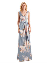 Beautiful Mermaid V-Neck Floral Satin Maxi Floral Formal Dresses For Women