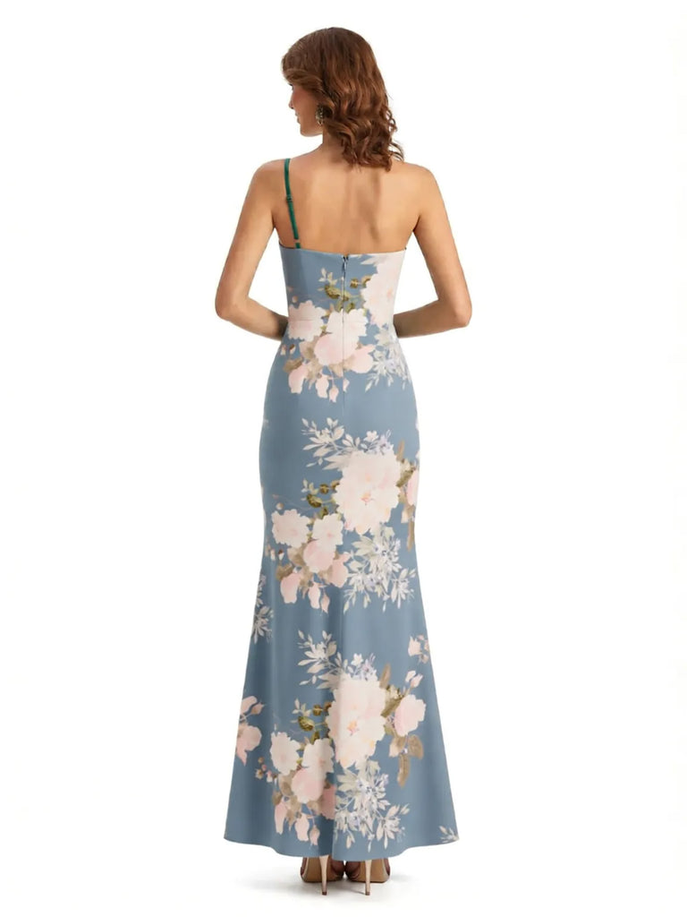 Simple One Shoulder Side Slit Sleeveless Mermaid Floral Satin Maxi Floral Formal Dresses For Women