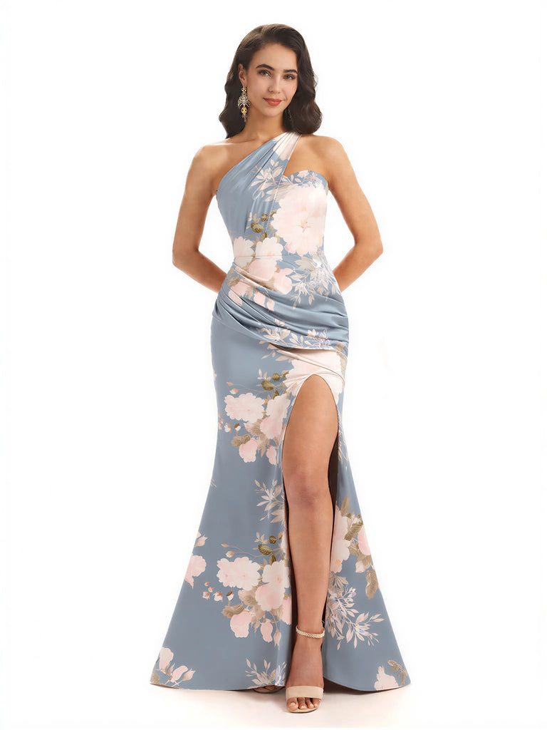 Sexy One Shoulder Side Slit Mermaid Satin Floral Formal Dresses For Women