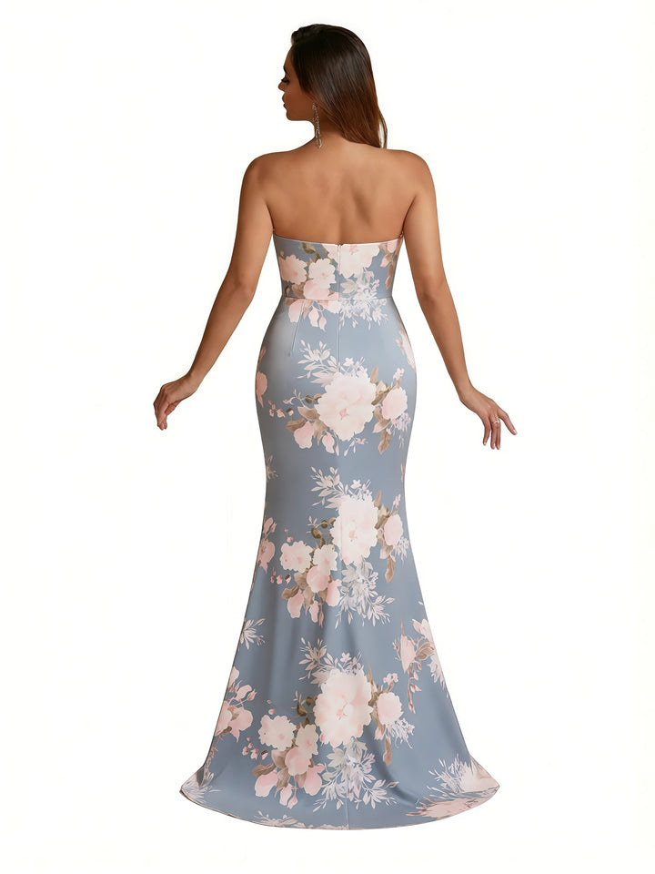 Trendy Sweetheart Strapless Side Slit Mermaid Long Satin Floral Formal Dresses For Women