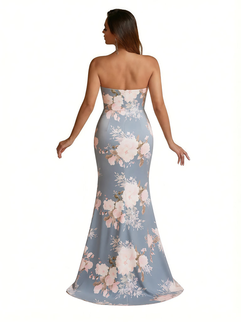 Trendy Sweetheart Strapless Side Slit Mermaid Long Satin Floral Formal Dresses For Women