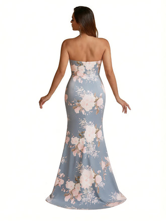 Trendy Sweetheart Strapless Side Slit Mermaid Long Satin Floral Formal Dresses For Women