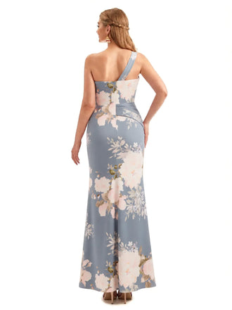 Beautiful One Shoulder Side Slit Mermaid Floral Satin Maxi Floral Formal Dresses For Women