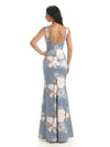 Elegant Spaghetti Straps Square Mermaid Long Satin Floral Formal Evening Dresses For Ladies