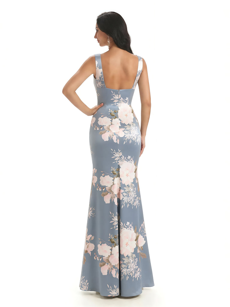 Elegant Spaghetti Straps Square Mermaid Long Satin Floral Formal Evening Dresses For Ladies