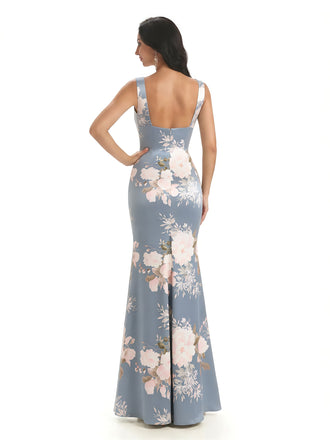 Elegant Spaghetti Straps Square Mermaid Long Satin Floral Formal Evening Dresses For Ladies