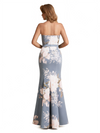Elegant Strapless Side Slit Mermaid Long Satin Floral Formal Dresses For Women