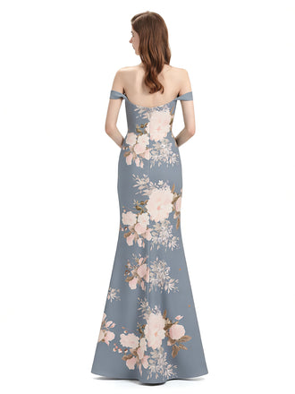 Elegant Off Shoulder Mermaid Side Slit Floral Satin Maxi Floral Formal Dresses For Women