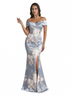 Sexy Off Shoulder Mermaid Long Satin Floral Formal Dresses For Women