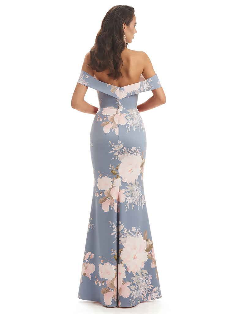 Elegant Off Shoulder Mermaid Floral Satin Maxi Floral Formal Evening Dresses