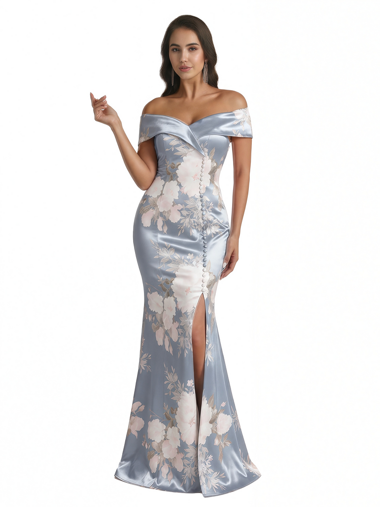 Sexy Off Shoulder Mermaid Long Satin Floral Formal Dresses For Women