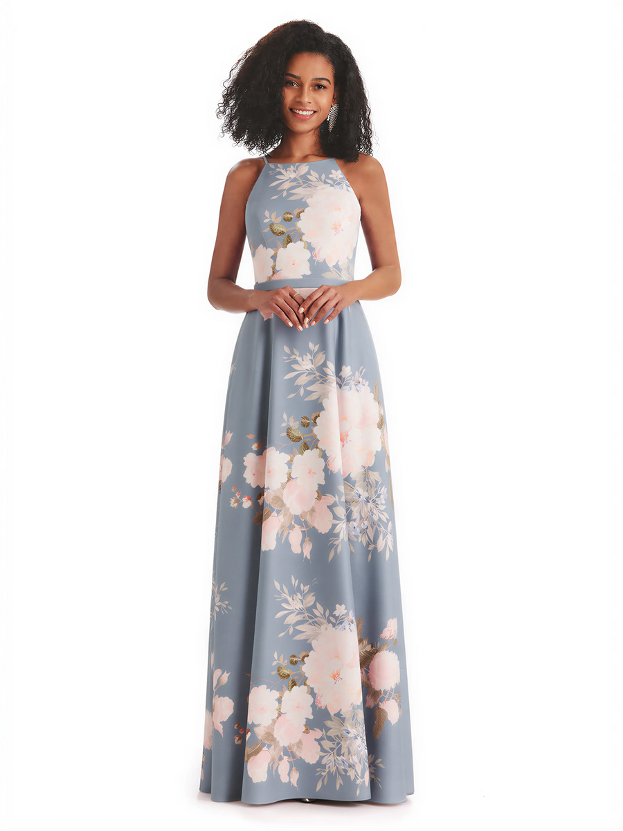 Sexy Spaghetti Straps A-line Long Satin Floral Formal Dresses For Women