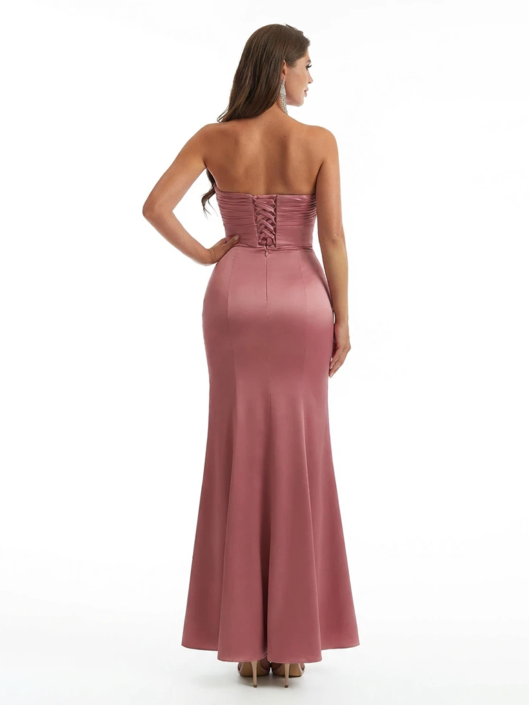 Modern Strapless Mermaid Sweetheart Ruched Satin Long Formal Dresses Side Slit