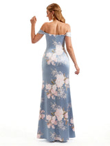 Beautiful Off Shoulder Side Slit Mermaid Floral Satin Maxi Floral Formal Dresses For Women