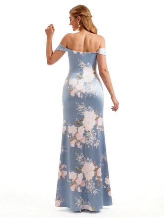 Beautiful Off Shoulder Side Slit Mermaid Floral Satin Maxi Floral Formal Dresses For Women