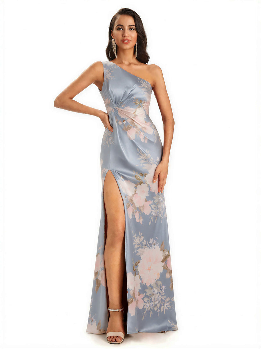 Elegant One Shoulder Mermaid Side Slit Floral Satin Maxi Floral Formal Dresses For Women
