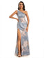 Elegant One Shoulder Mermaid Side Slit Floral Satin Maxi Floral Formal Dresses For Women