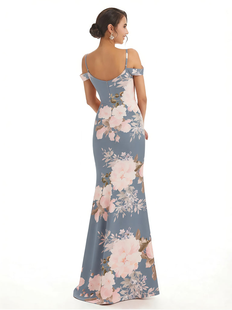 Trendy Cold Shoulder Side Slit Mermaid Floral Satin Maxi Floral Formal Dresses For Ladies