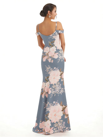 Trendy Cold Shoulder Side Slit Mermaid Floral Satin Maxi Floral Formal Dresses For Ladies