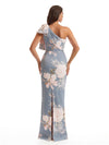 Elegant One Shoulder Mermaid Long Satin Floral Formal Dresses For Women With Back Slit
