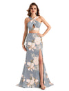 Beautiful Mermaid Halter Two Pieces Floral Satin Maxi Floral Formal Dresses For Women