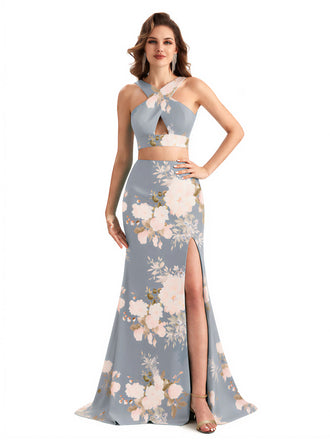 Beautiful Mermaid Halter Two Pieces Floral Satin Maxi Floral Formal Dresses For Women