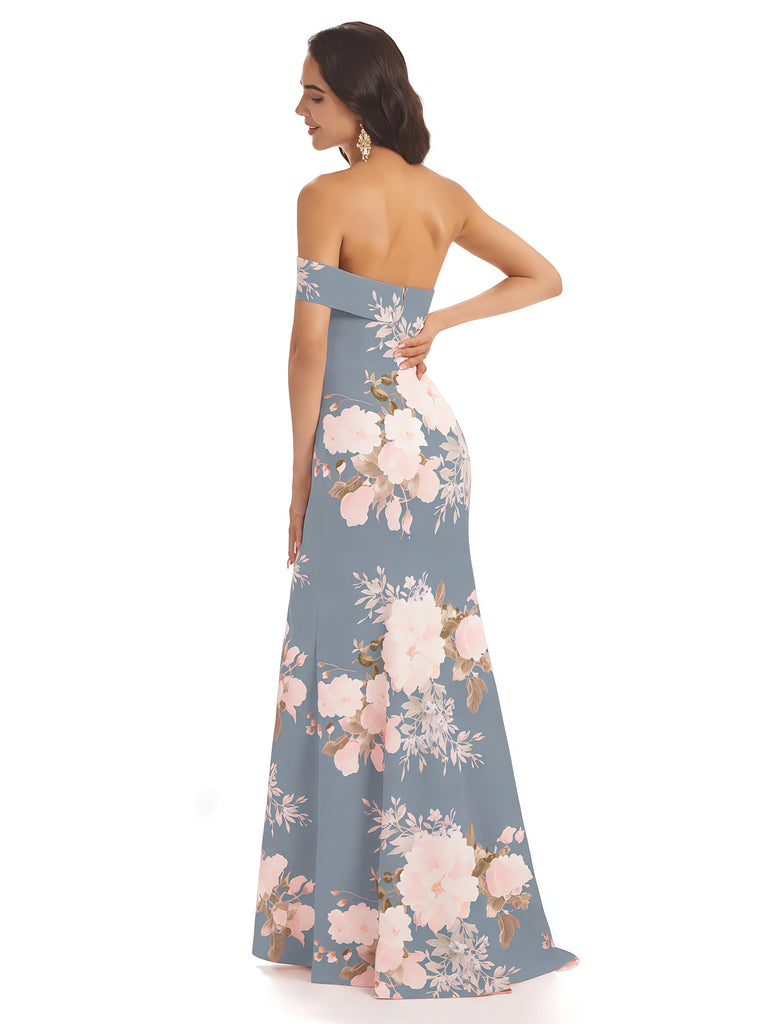 Sexy One Shoulder Sleeveless Mermaid Long Satin Floral Formal Dresses For Women