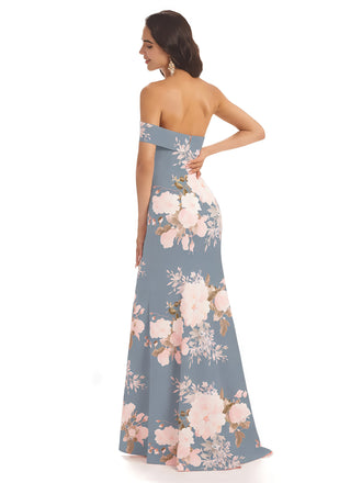 Sexy One Shoulder Sleeveless Mermaid Long Satin Floral Formal Dresses For Women