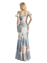Beautiful Mermaid Cold Shoulder Floral Satin Maxi Floral Formal Dresses For Women