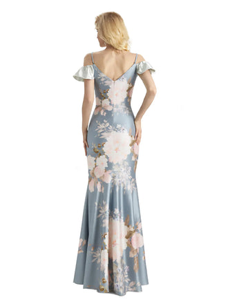Beautiful Mermaid Cold Shoulder Floral Satin Maxi Floral Formal Dresses For Women