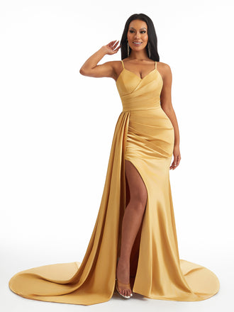 Sexy Spaghetti Straps Lace Up Back Side Split Mermaid Soft Satin Long Bridesmaid Dresses