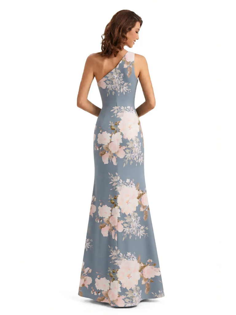 Simple One Shoulder Side Slit Mermaid Floral Satin Maxi Floral Formal Dresses For Women