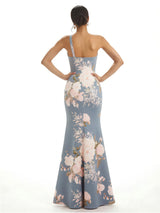 Elegant One Shoulder Side Slit Mermaid Floral Satin Maxi Floral Formal Dresses For Women