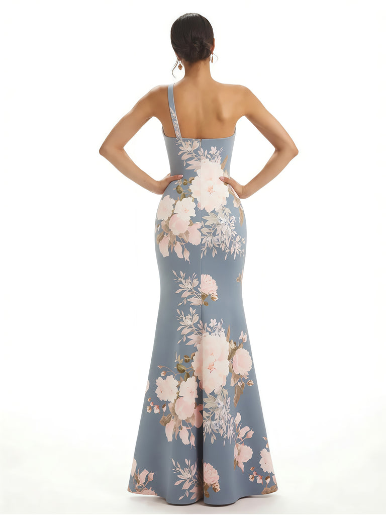 Elegant One Shoulder Side Slit Mermaid Floral Satin Maxi Floral Formal Dresses For Women