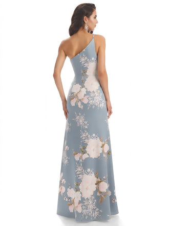 Elegant One Shoulder Mermaid Long Satin Floral Formal Dresses For Women