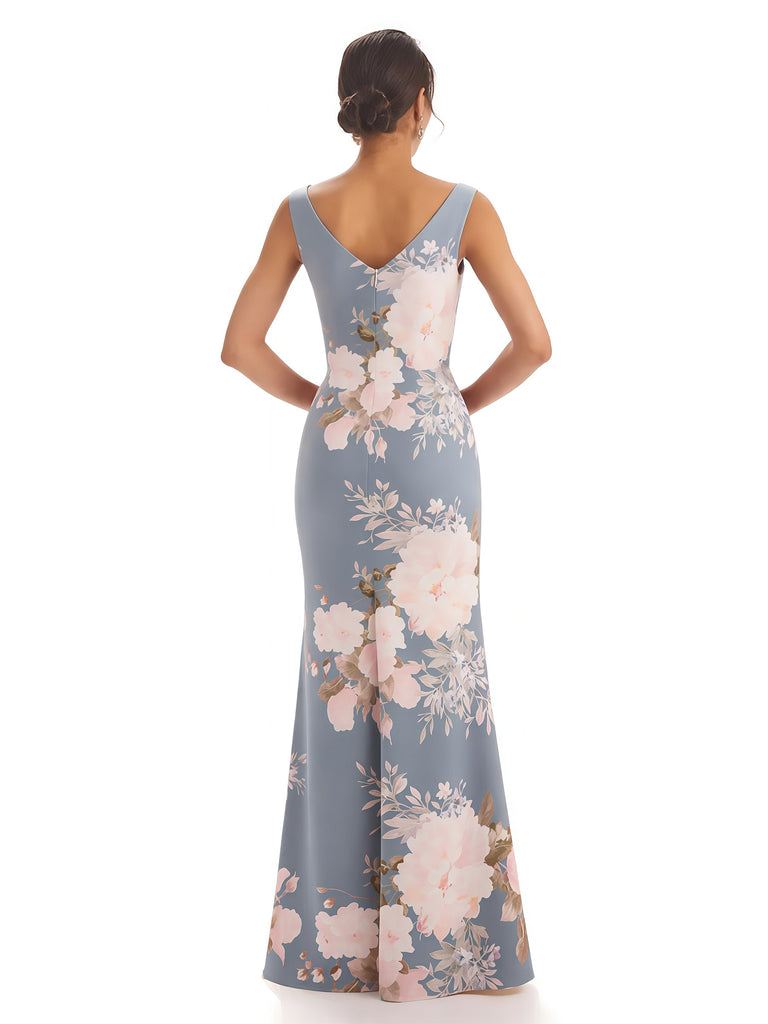Trendy V-Neck Mermaid Floral Satin Maxi Floral Formal Evening Dresses For Women