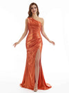 Elegant Slit One Shoulder Metallic Stretch Shiny Fabric Long Bridesmaid Dresses Online