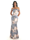 Trendy Off Shoulder Mermaid Floral Satin Maxi Floral Evening Formal Dresses
