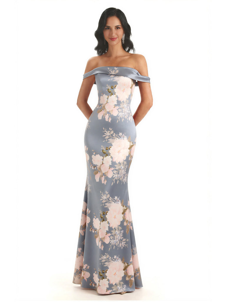 Trendy Off Shoulder Mermaid Floral Satin Maxi Floral Evening Formal Dresses