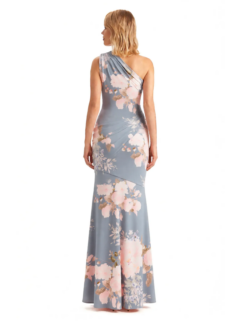 Sexy One Shoulder Side Slit Mermaid Long Satin Floral Formal Dresses For Women