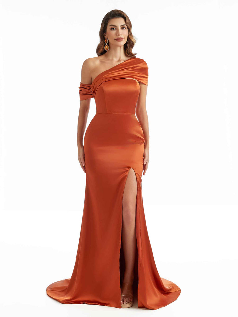 Women One Shoulder Long Satin Unique Formal Bridesmaid Dresses Online